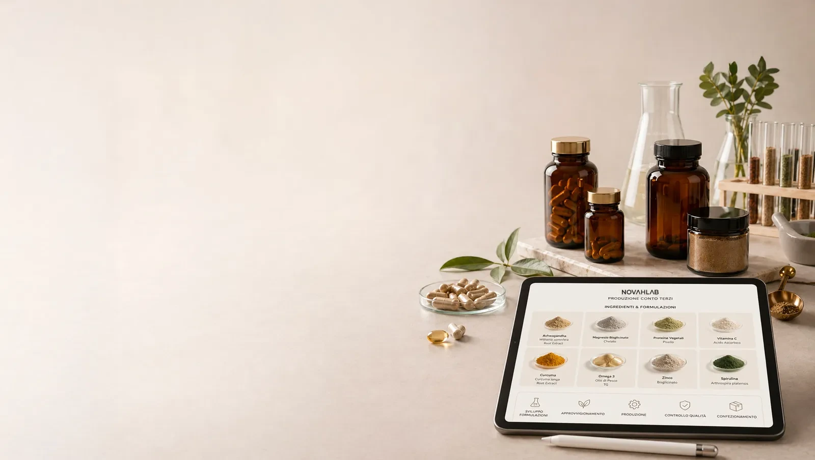 Materie prime, polveri botaniche e capsule per lo sviluppo di un integratore custom
