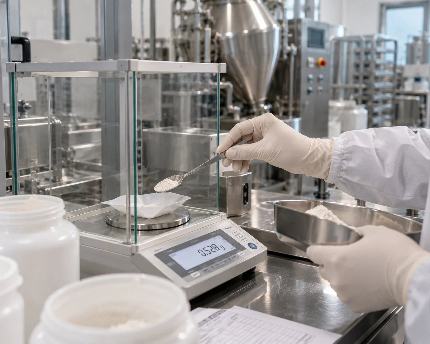 Pesata di precisione delle materie prime nel laboratorio Novahlab