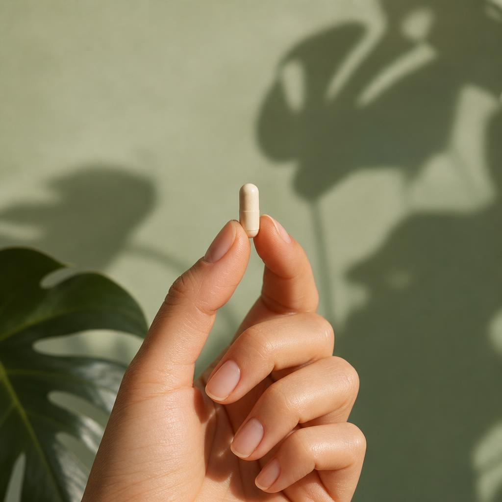 Lab 5-HTP vegetable capsule held between fingers