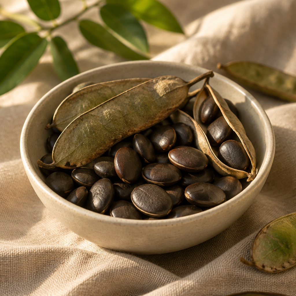 Pods and seeds of Griffonia simplicifolia in a small ceramic bowl
