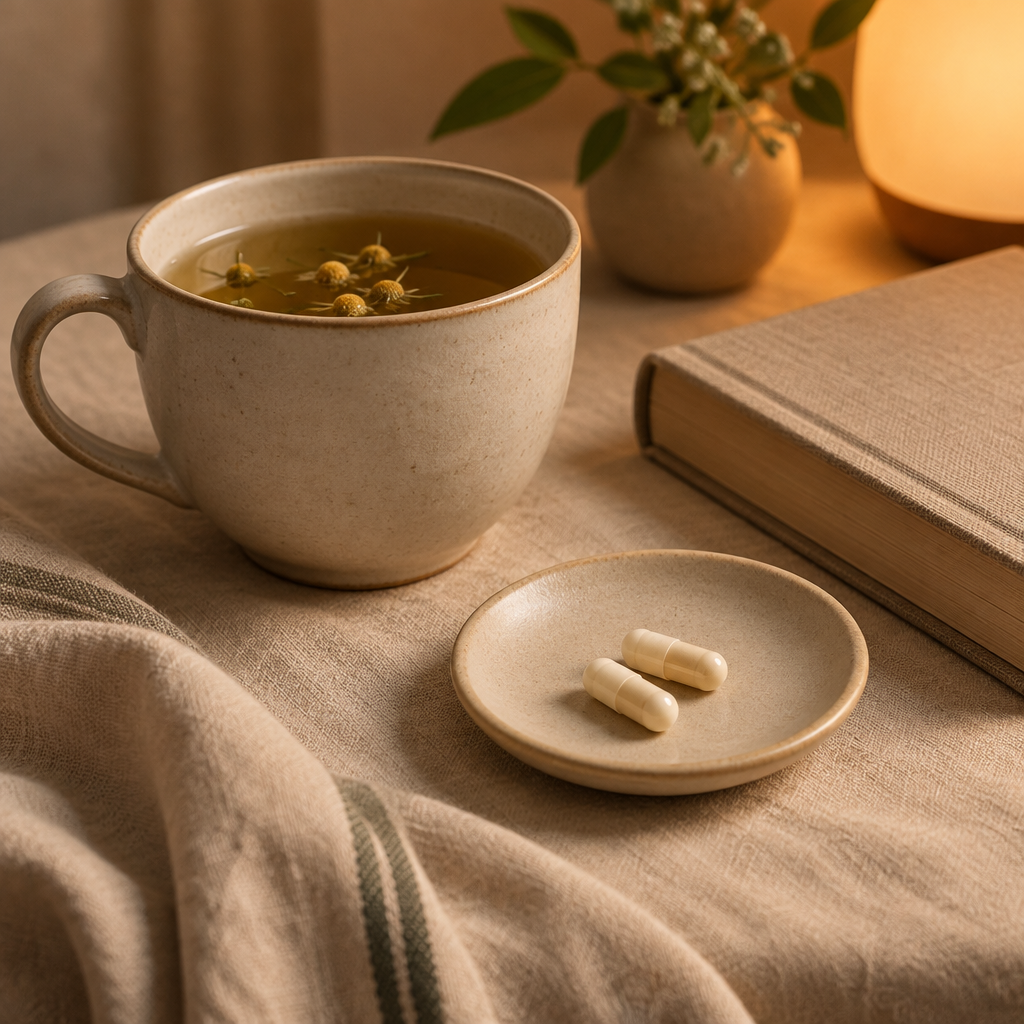 Two capsules next to a herbal tea, after dinner