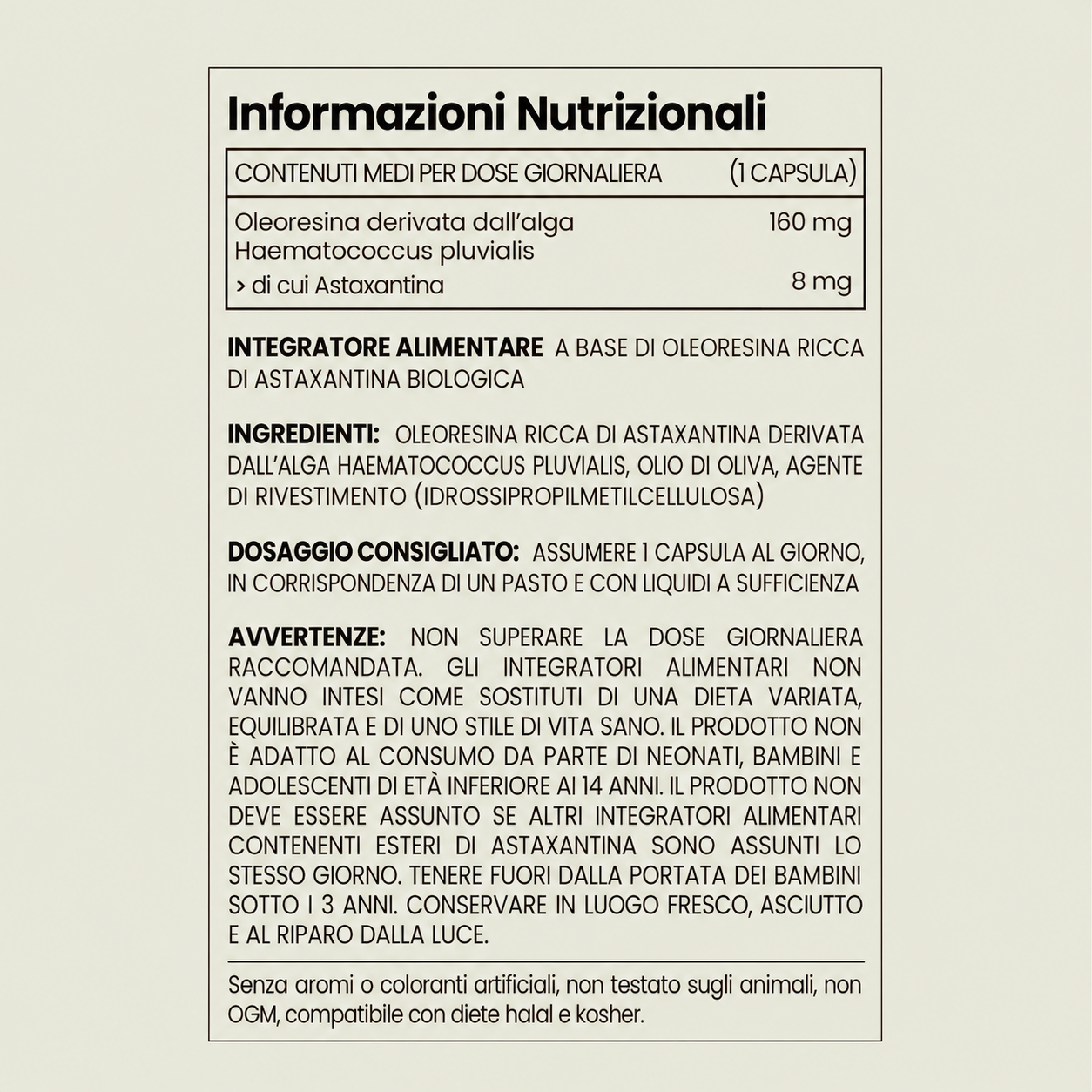 Valores nutricionales Astaxantina