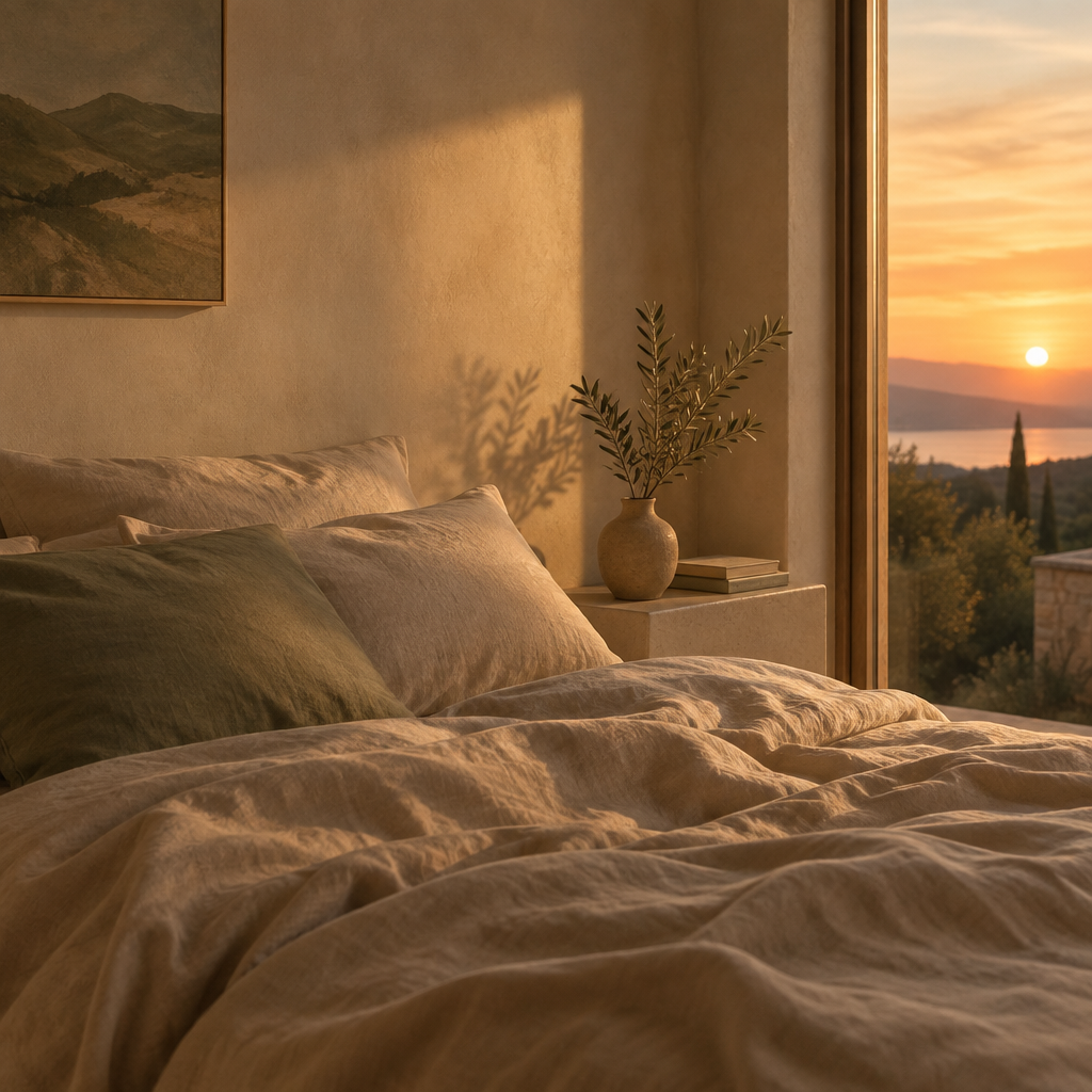 Dormitorio sereno al atardecer con sábanas de lino beige