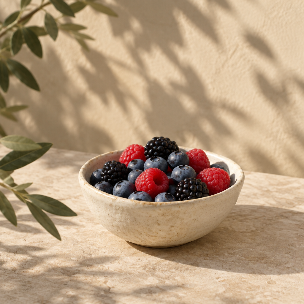 Cuenco de cerámica con frutos del bosque frescos