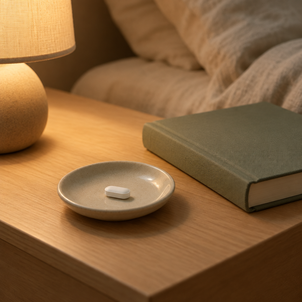 Un comprimido en la mesita de noche, junto a un libro, antes de dormir