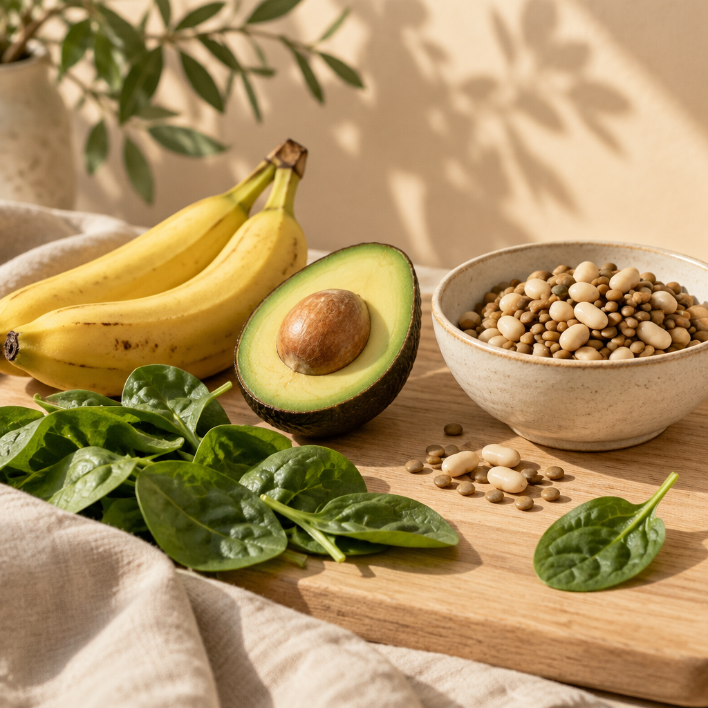 Bananas, avocado, spinach and legumes, foods rich in potassium