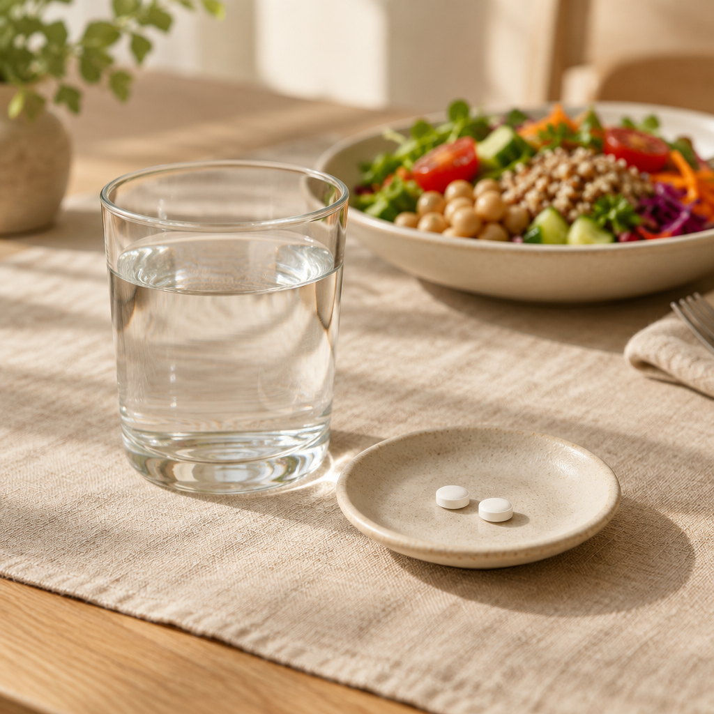 Two tablets next to a glass of water, during lunch