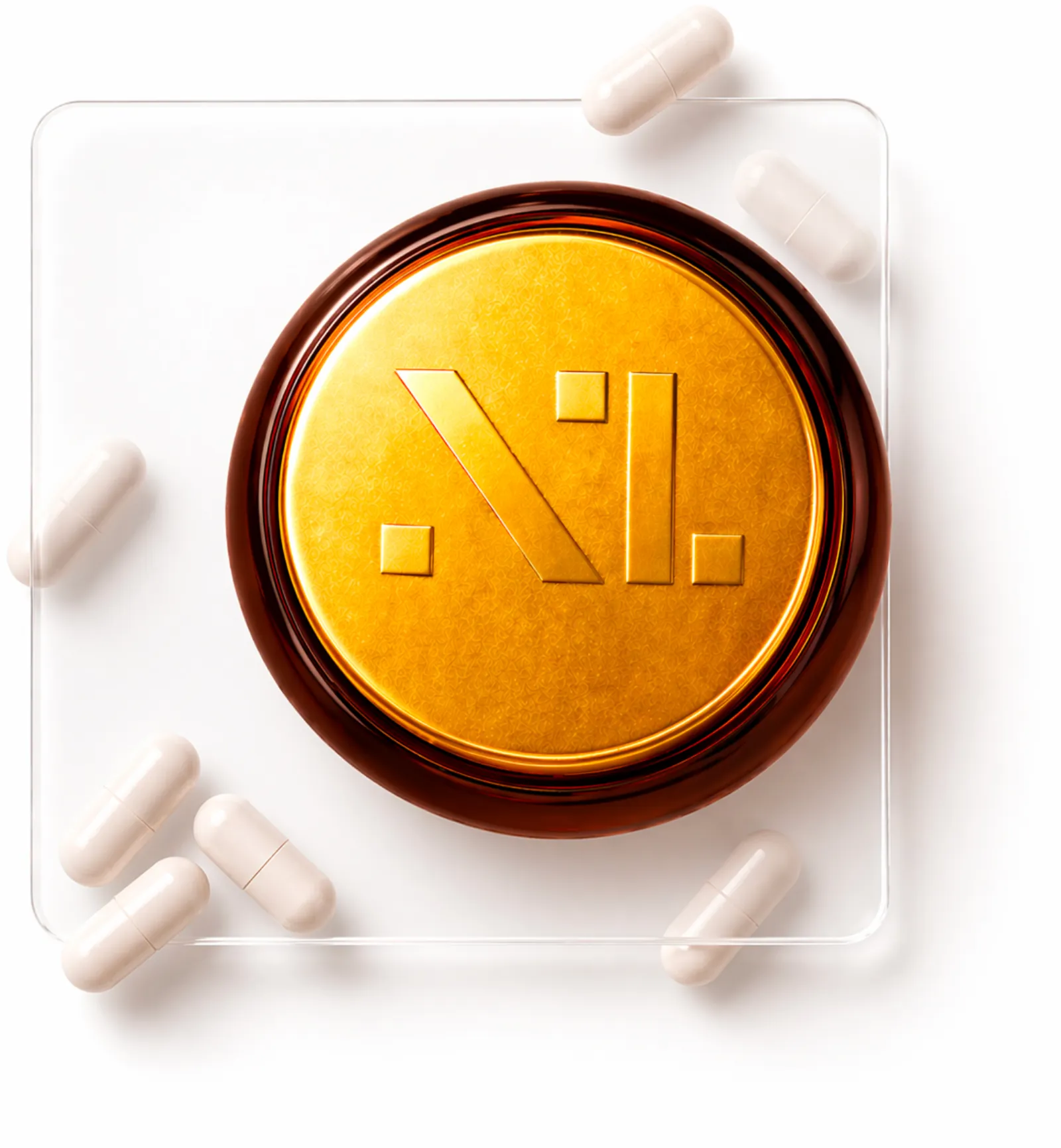 وعاء Lab بختم ذهبي NL وكبسولات بيضاء على لوح زجاجي