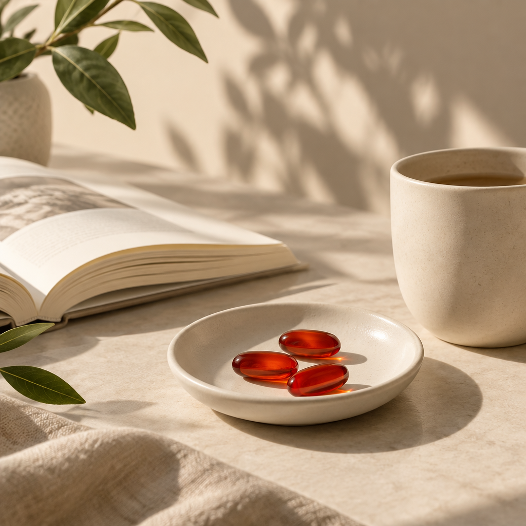 Softgel de Ubiquinol en un platillo junto a un libro y una taza