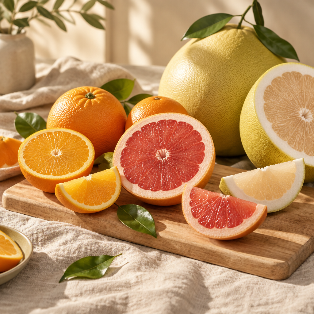 Orangen, Grapefruit und Pomelo auf einem hellen Holzschneidebrett