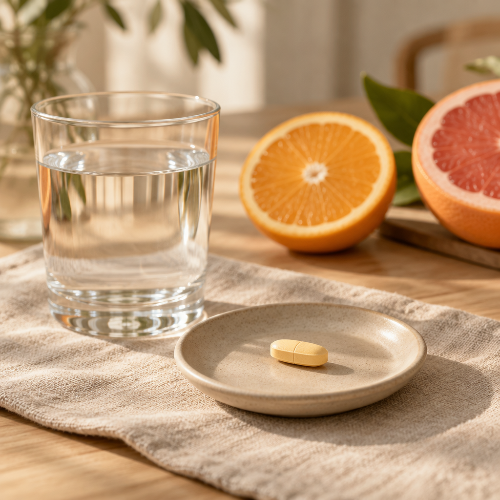 Eine Vitamin C Tablette neben einem Glas Wasser, während des Mittagessens